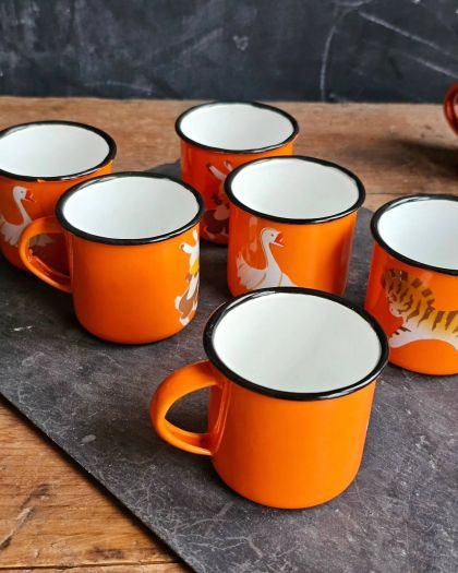 Mini Mugs vintage émaillé orange pétant effigie animaux