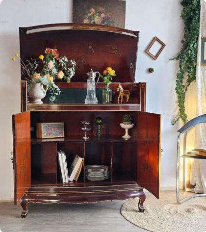 Ancien meuble de rangement laqué motifs fleurs oiseaux meuble chinois