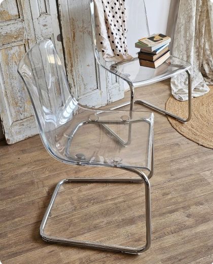 6 chaises TOBIAS Design : Carl Öjerstam Ikea pieds acier chromé, assise transparente
