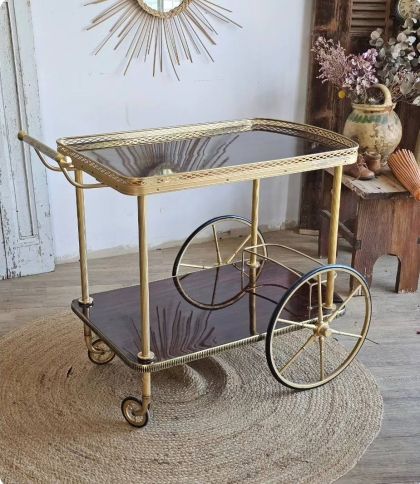 Ancienne desserte servante / chariot bar métal doré sur roulettes  vintage années 60