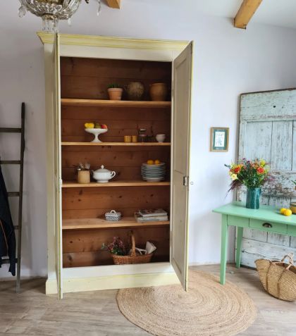 Ancienne armoire parisienne grandeur et finesse peinte à la main / buffet dans sa patine