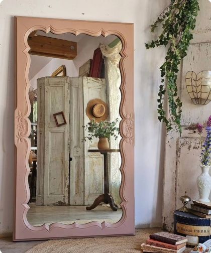 Ancien grand miroir bois couleur vieux rose🩷bois sculpté