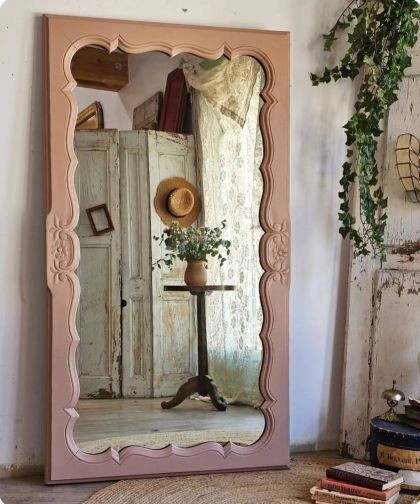 Ancien grand miroir bois couleur vieux rose🩷bois sculpté