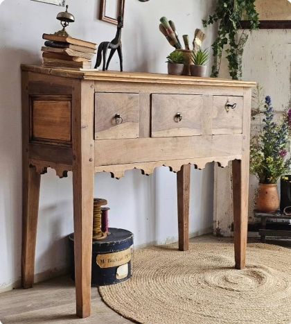 Ancien meuble bureau écritoire pied fuseau 3 tiroirs, table d'appoint