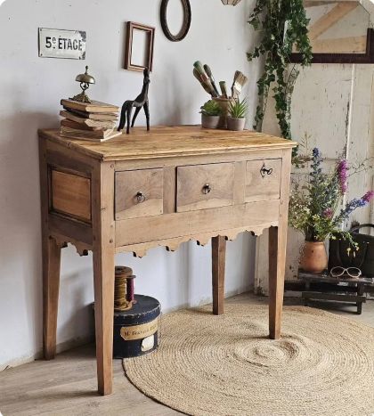 Ancien meuble bureau écritoire pied fuseau 3 tiroirs, table d'appoint