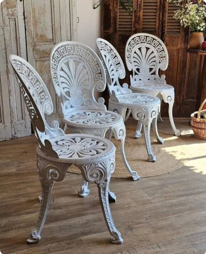 Chaises de jardin en fonte d'aluminium blanc style victorien avec clé grecque Lot 4