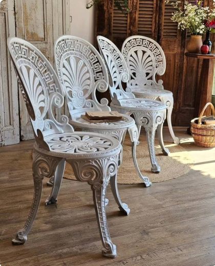 Chaises de jardin en fonte d'aluminium blanc style victorien avec clé grecque Lot 4