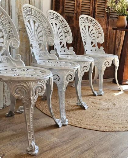 Chaises de jardin en fonte d'aluminium blanc style victorien avec clé grecque Lot 4