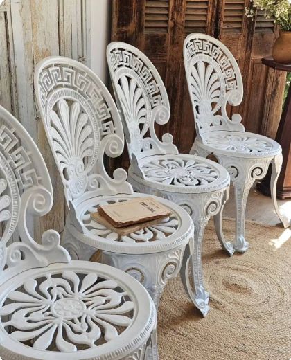 Chaises de jardin en fonte d'aluminium blanc style victorien avec clé grecque Lot 4