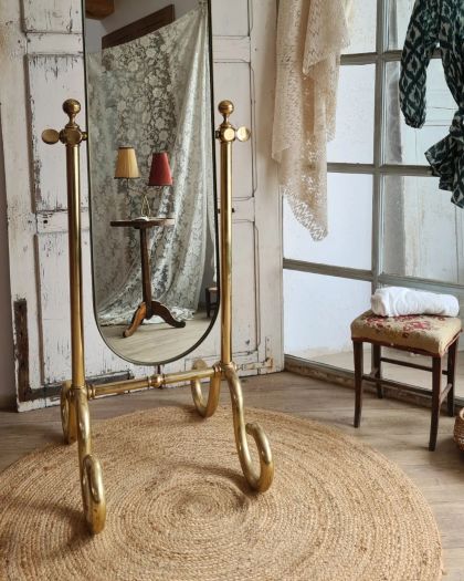 Grand miroir psyché laiton sur pied vintage, pivotant