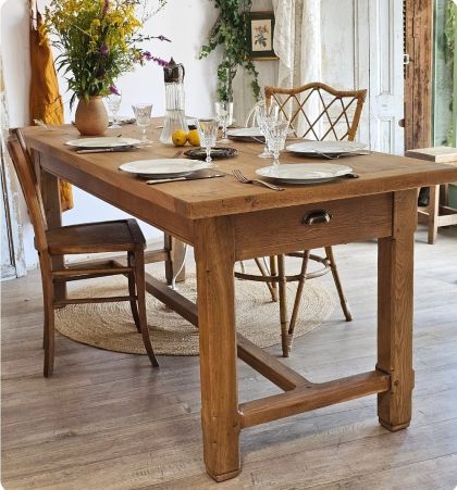 Ancienne grande table de ferme en chêne et noyer 2 tiroirs