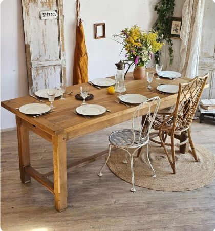 Ancienne grande table de ferme en chêne et noyer 2 tiroirs