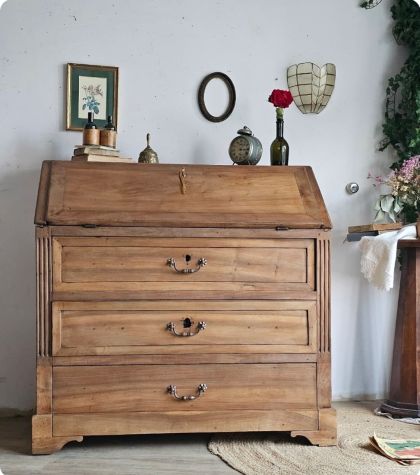 Ancienne grande commode scriban, secrétaire dos d'âne XIXe en noyer