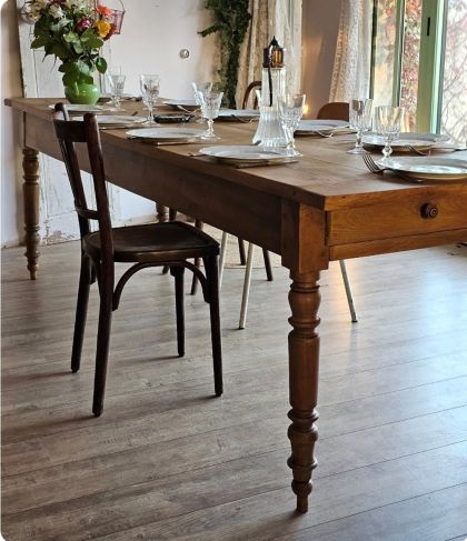 Ancienne grande table de ferme pieds tournés XIXe