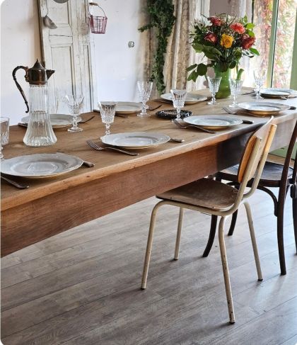 Ancienne grande table de ferme pieds tournés XIXe