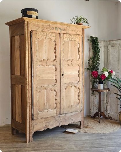 Magnifique grande armoire en noyer brut fin 19e étagères  penderie