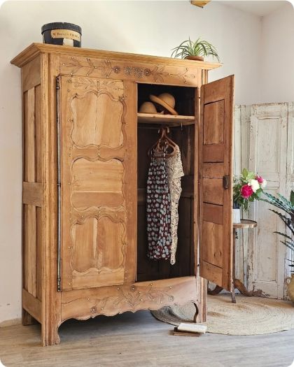 Magnifique grande armoire en noyer brut fin 19e étagères  penderie