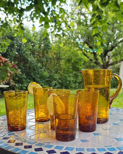 Ancien service verre soufflé bullé BIOT verres et carafe