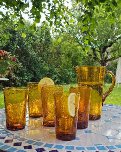 Ancien service verre soufflé bullé BIOT verres et carafe