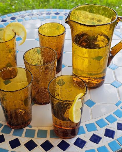 Ancien service verre soufflé bullé BIOT verres et carafe