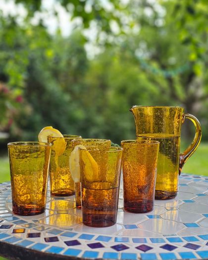 Ancien service verre soufflé bullé BIOT verres et carafe