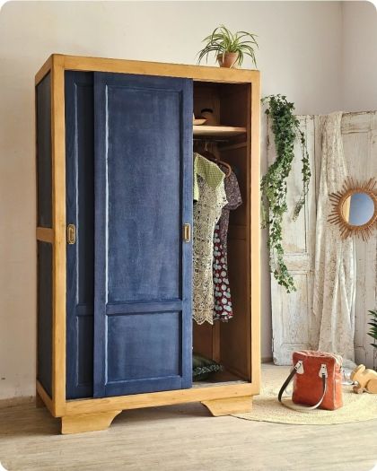 Ancienne armoire parisienne portes coulissantes penderie + 1 étagère