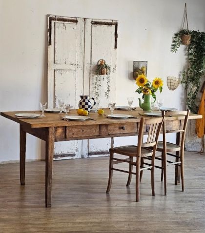 Ancienne grande table de métier chêne pieds fuseaux 6 tiroirs