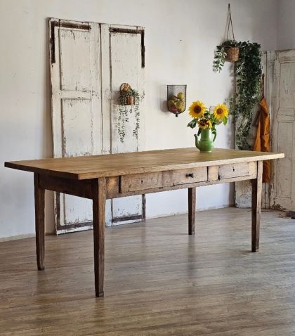 Ancienne grande table de métier chêne pieds fuseaux 6 tiroirs