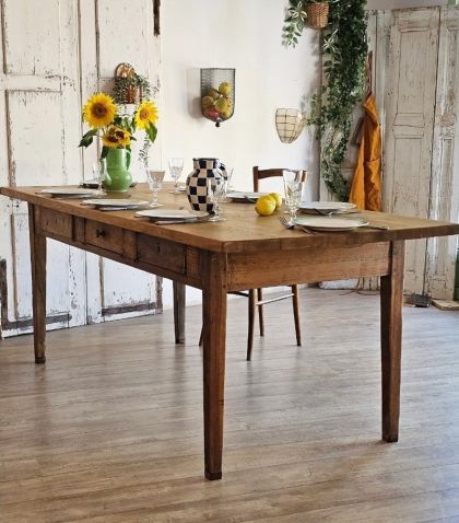 Ancienne grande table de métier chêne pieds fuseaux 6 tiroirs