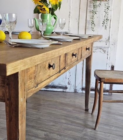Ancienne grande table de métier chêne pieds fuseaux 6 tiroirs