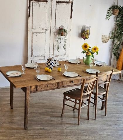 Ancienne grande table de métier chêne pieds fuseaux 6 tiroirs