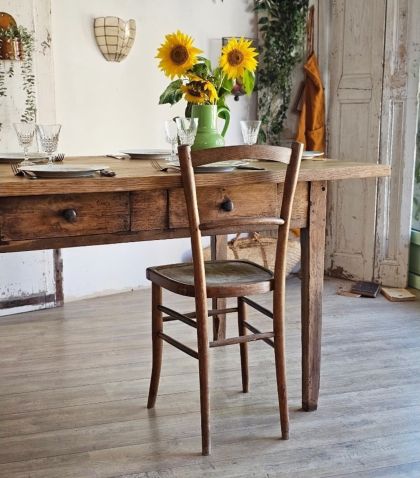 Ancienne grande table de métier chêne pieds fuseaux 6 tiroirs