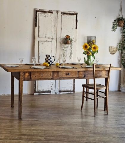 Ancienne grande table de métier chêne pieds fuseaux 6 tiroirs