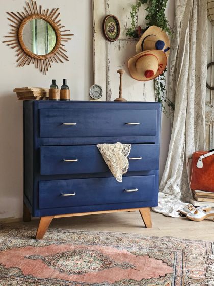 Commode vintage années 50 pied compas 3 tiroirs bleu profond