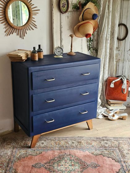 Commode vintage années 50 pied compas 3 tiroirs bleu profond