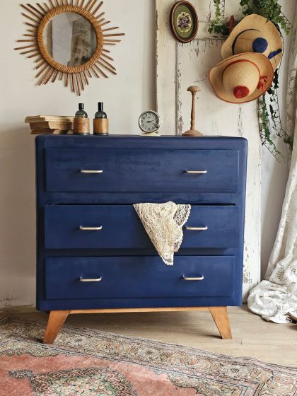 Commode vintage années 50 pied compas 3 tiroirs bleu profond