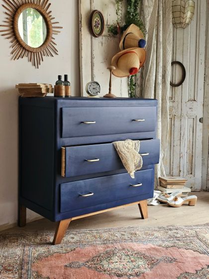 Commode vintage années 50 pied compas 3 tiroirs bleu profond