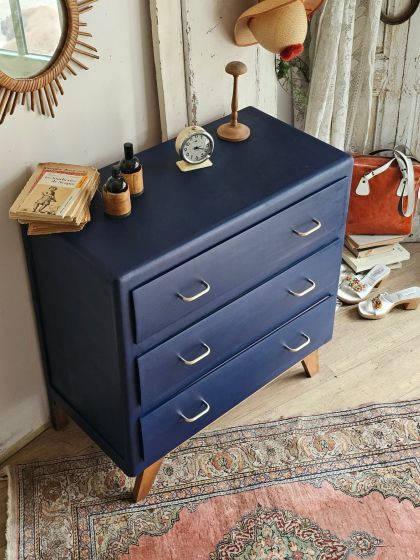 Commode vintage années 50 pied compas 3 tiroirs bleu profond