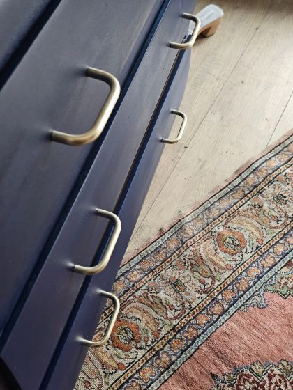 Commode vintage années 50 pied compas 3 tiroirs bleu profond