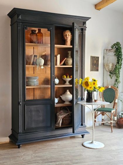 Ancienne grande vitrine bibliothèque vaisselier fin 19e début 20e  verres bullés