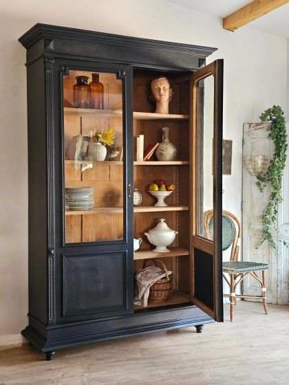 Ancienne grande vitrine bibliothèque vaisselier fin 19e début 20e  verres bullés