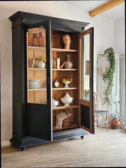 Ancienne grande vitrine bibliothèque vaisselier fin 19e début 20e  verres bullés