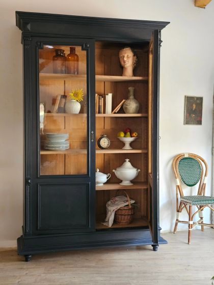 Ancienne grande vitrine bibliothèque vaisselier fin 19e début 20e  verres bullés