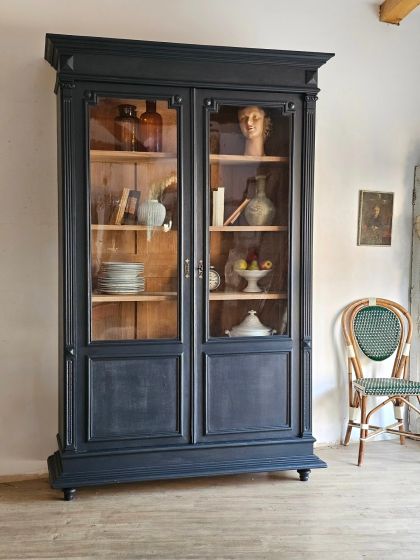 Ancienne grande vitrine bibliothèque vaisselier fin 19e début 20e  verres bullés