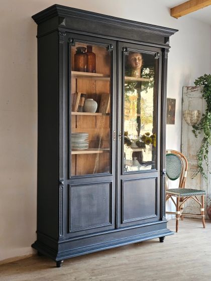 Ancienne grande vitrine bibliothèque vaisselier fin 19e début 20e  verres bullés