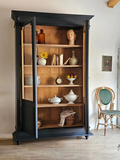Ancienne grande vitrine bibliothèque vaisselier fin 19e début 20e  verres bullés