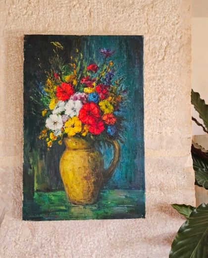 Peinture à l'huile sur toile signée années 60 bouquet de fleurs