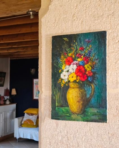 Peinture à l'huile sur toile signée années 60 bouquet de fleurs