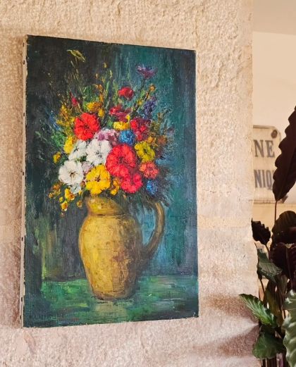 Peinture à l'huile sur toile signée années 60 bouquet de fleurs