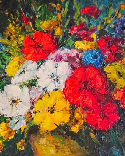 Peinture à l'huile sur toile signée années 60 bouquet de fleurs
